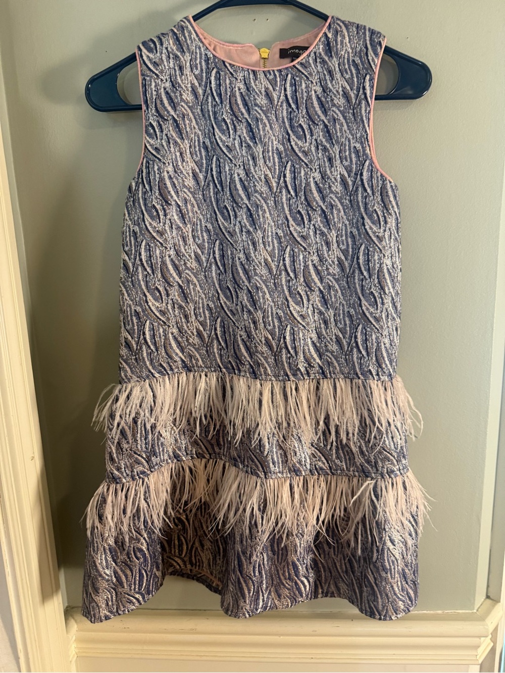 Imoga Girls Metallic Blue Feather Trim Tiered Party Dress Size 10